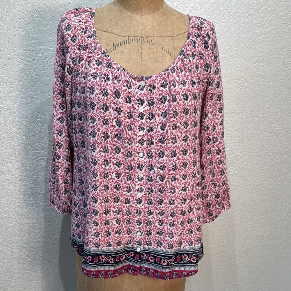 Lucky Brand Women‎ Medium Pink Blue Peasant Floral Blouse 3/4 Sleeves Scoop Neck